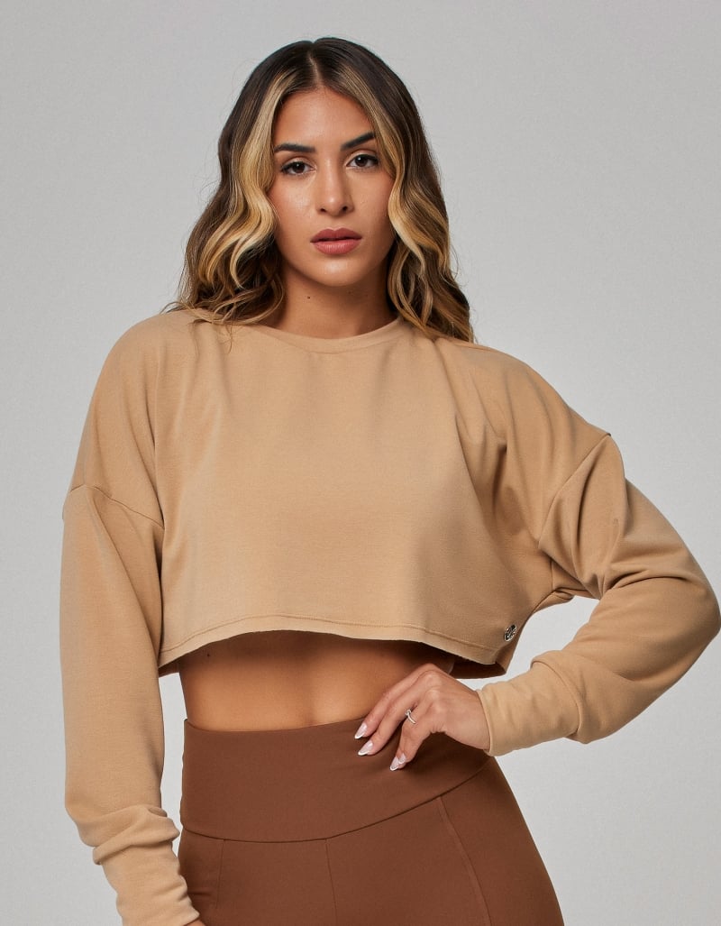 Cropped Long Sleeve Sweatshirt – Shitaki & Mushroom Beige