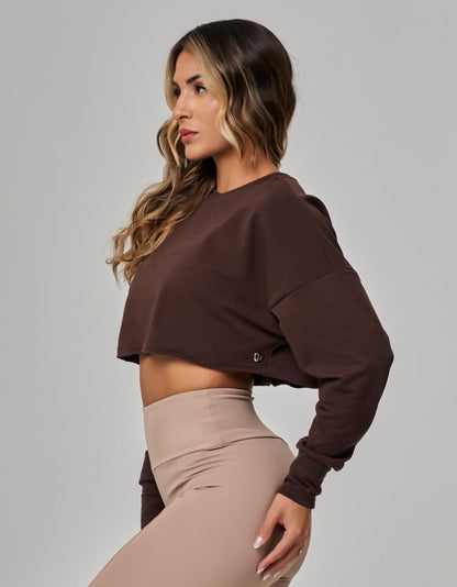 Blusa Manga Longa Moletom Cropped Marrom Coffee
