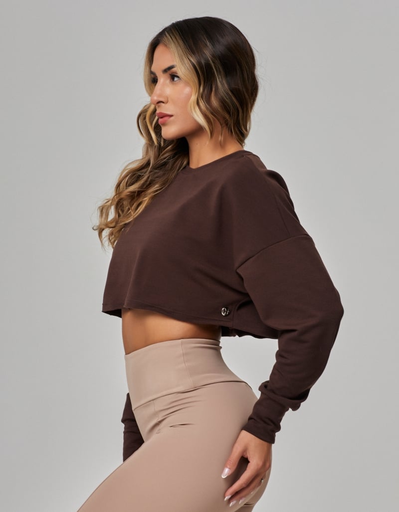 Blusa Manga Longa Moletom Cropped Marrom Coffee